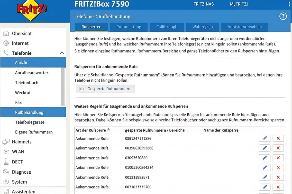 FRITZ!Box Rufbehandlung — Anrufsteuerung