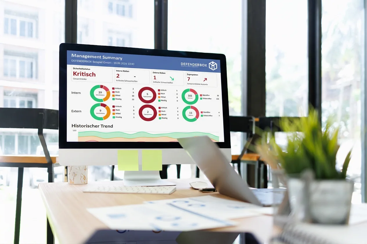 Monitor im Büro zeigt den DEFENDERBOX-Beispielbericht: Management Summary mit Sicherheitsstatus und Risiken