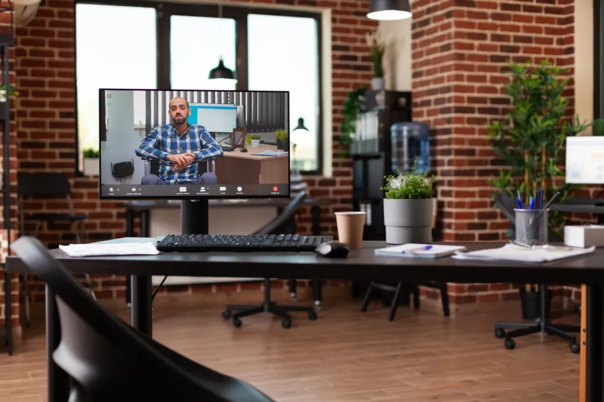 Monitor am Arbeitsplatz zeigt Videoanruf — 3CX Softphone