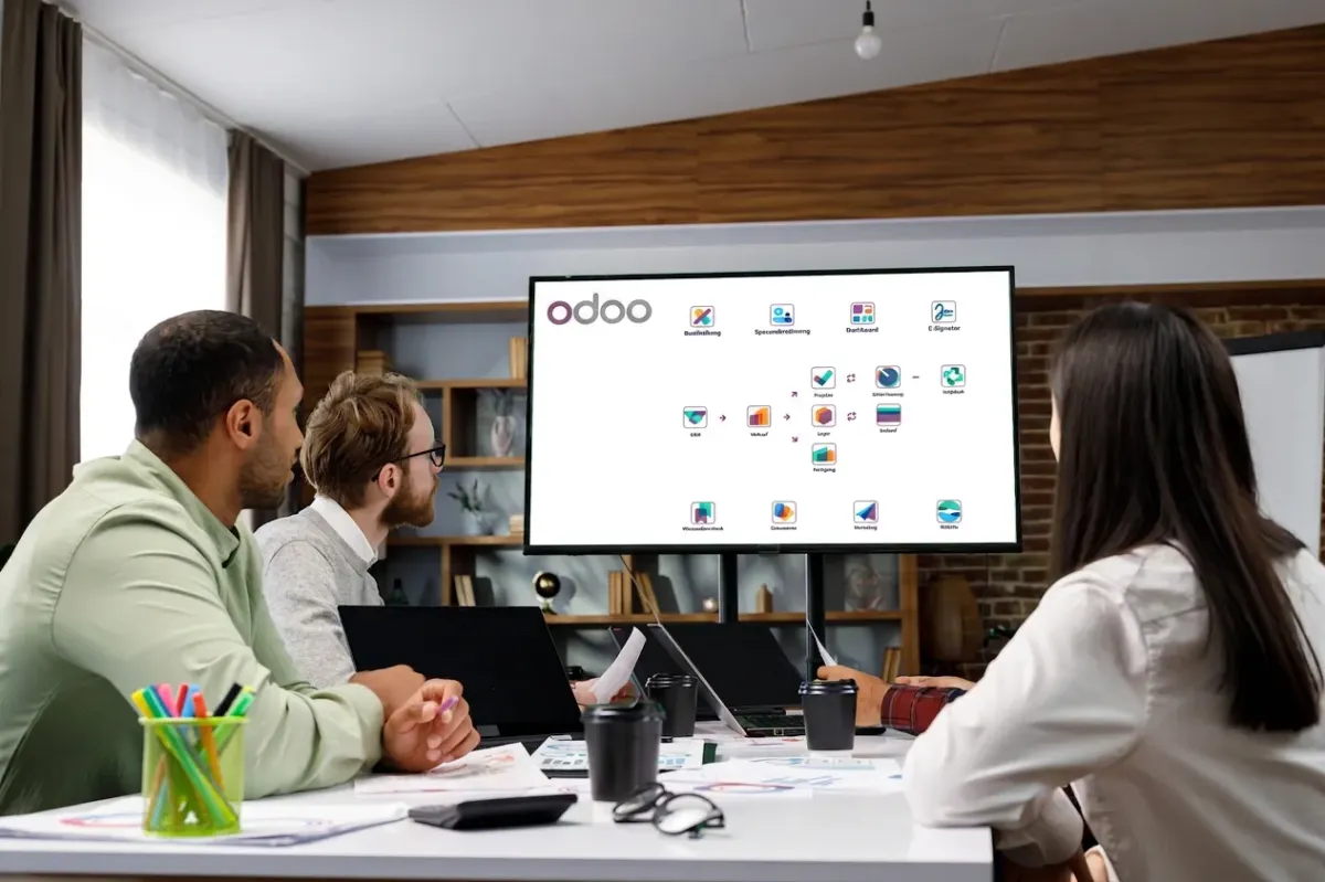 Team blickt auf Monitor mit Odoo Dashboard — ERP & CRM für den Mittelstand