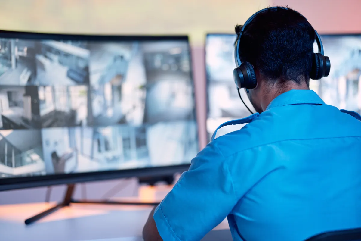 Sicherheitsmitarbeiter mit Headset überwacht CCTV-Monitore