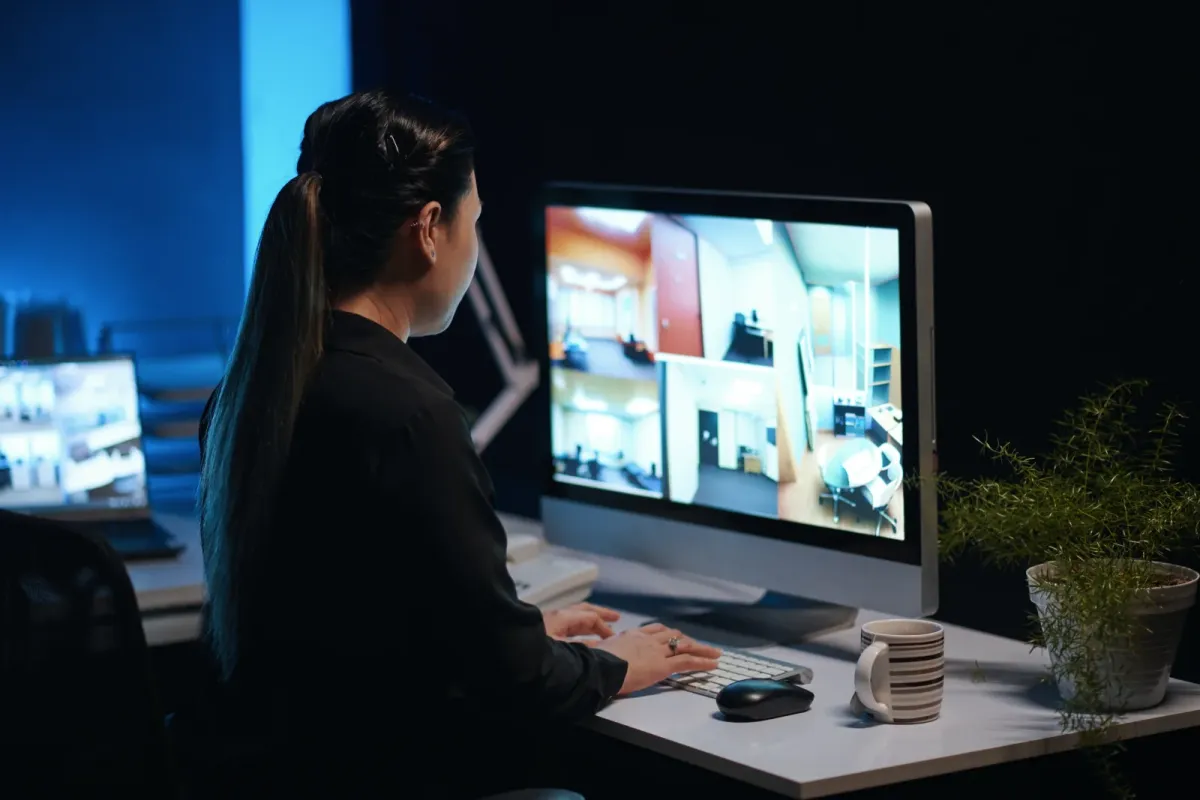 Mitarbeiterin überwacht Sicherheitskameras am Schreibtisch bei Nacht