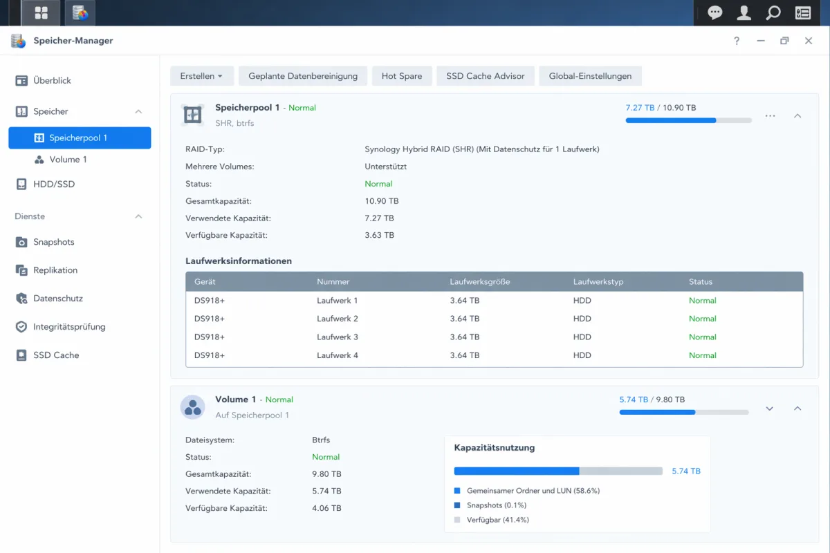 Synology Speicher-Manager — RAID-Status, Kapazität und Laufwerke im Überblick