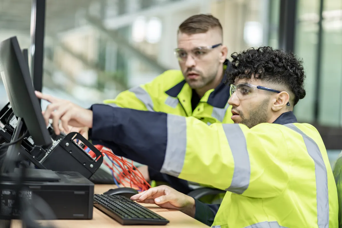 Zwei Kollegen arbeiten gemeinsam am Computer im Büro