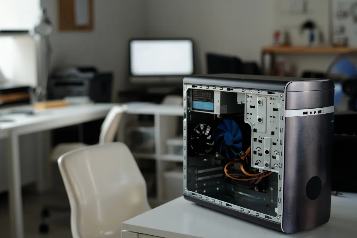 Offener PC-Tower auf dem Schreibtisch — Workstation-Konfiguration