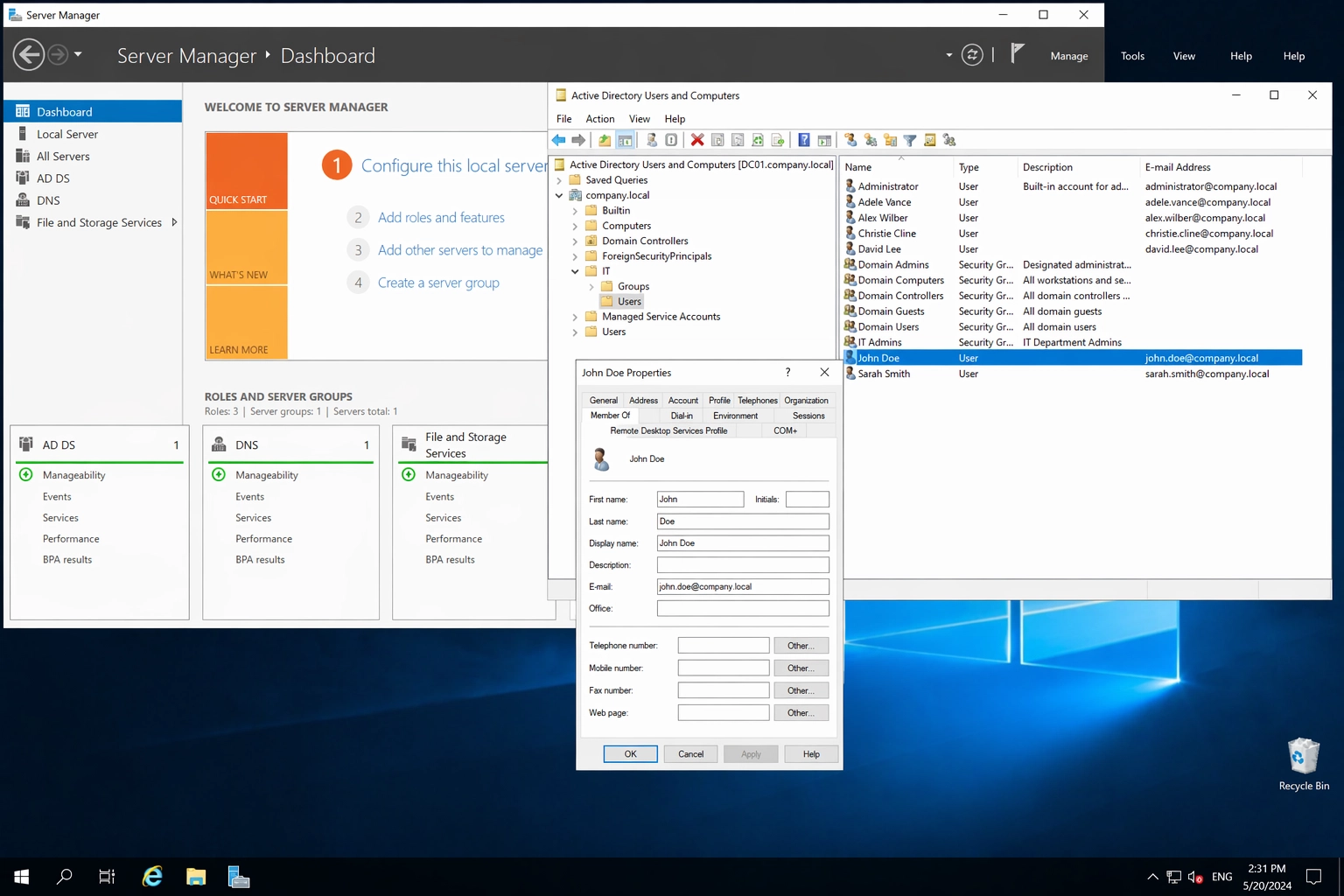 Windows Server Manager — Dashboard mit Active Directory