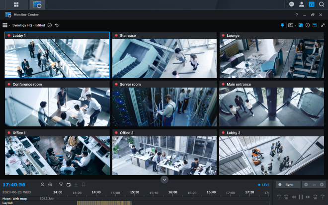 Synology Surveillance Station — 9-Kamera-Dashboard mit Live-Ansicht