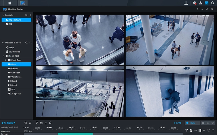 Synology Surveillance Station — 4-Kamera-Ansicht mit Sidebar